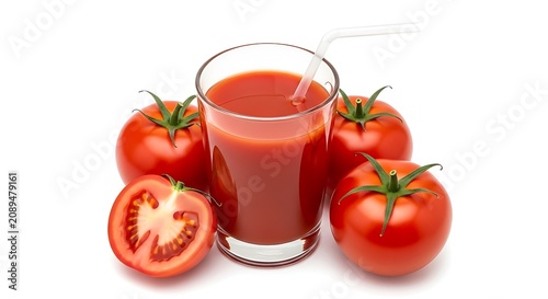 A glass of fresh red tomato juice with a drinking straw, surrounded by three whole tomatoes and one halved tomato on a white background