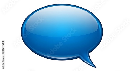 A glossy blue speech bubble with a rounded oval shape and a smooth surface, isolated on a plain white background, for web use