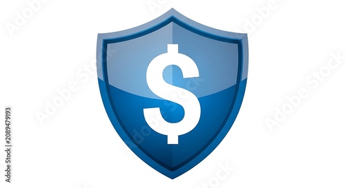 A glossy blue shield featuring a white dollar sign symbol in the center, representing financial security and protection concept