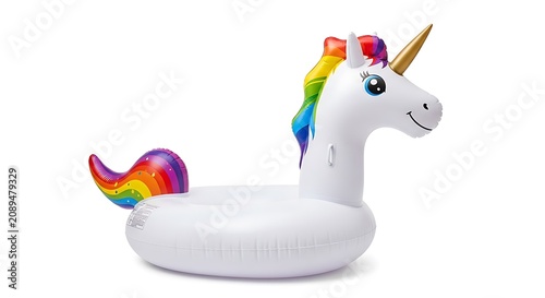 A large, inflatable pool float shaped like a white unicorn with a golden horn and a colorful rainbow mane, isolated on a white background