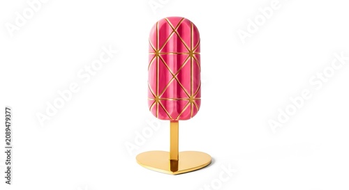 A pink popsicle with a golden geometric grid pattern on a heart shaped stand, isolated on a white background, for sweet treat concepts