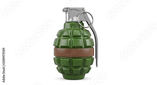 A realistic green military hand grenade with a metal pin and safety lever, isolated on a white background, for war, defense, and concepts