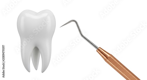 A realistic white 3d tooth model next to a dental scaler tool, isolated on a white background, for dental health, and care concepts