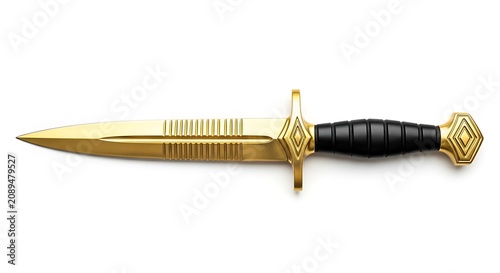 A sharp military style dagger with a polished gold blade and a textured black grip, isolated on a white background, for collection