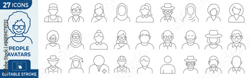 Minimalist people avatars icon set, 27 diverse user profile line icons, editable stroke vector characters for web interface and mobile app design