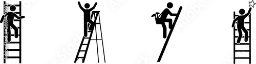 Fotografie Man Climbing Ladder Silhouette Icon Set Featuring Stepladder, Construction Worke