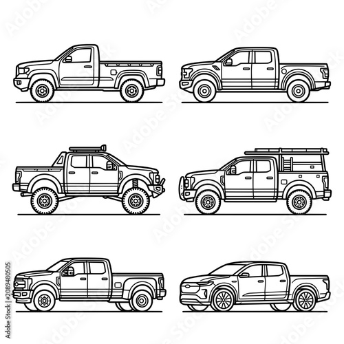 Set of six different pickup truck models displayed in a clean black and white vector graphic illustration style featuring various cab sizes and rugged off road vehicle design configurations today.