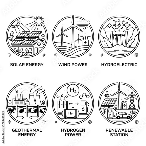 Professional vector graphic illustration set showcasing six distinct renewable energy sources including solar panels wind turbines hydroelectric dams geothermal plants hydrogen power stations and inte