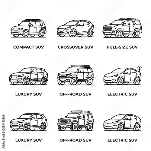 Diverse collection of various modern suv vehicle types presented as clean black and white outline vector graphic icons suitable for automotive industry design projects requiring professional and minim