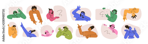 People peeking and looking out, set. Happy smiling curious characters waving hi with hand, presenting, showing gestures, pointing with finger. Flat vector illustrations isolated on white background