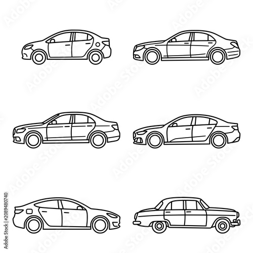 Professional vector illustration set featuring six different sedan car silhouettes drawn with clean black lines on a plain white background for automotive design projects and various creative transpor