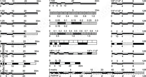 Architectural Scale Bar CAD Vector Set with Metric and Imperial Measurement Rulers Technical Drafting Elements