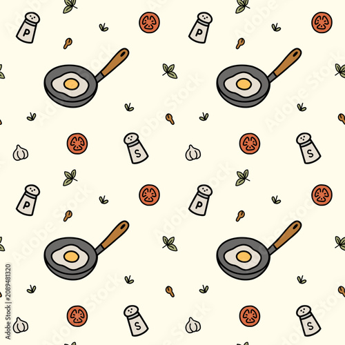 Fried eggs and kitchen ingredients seamless pattern on light background, perfect for fabric, kitchen decor