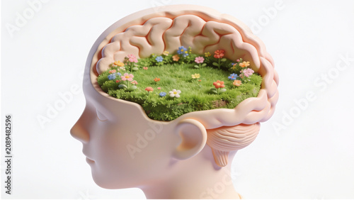 Soft 3D rendering of human head silhouette with green grass garden brain