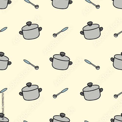 Cooking pots and spoons repeating seamless pattern on light background, perfect for fabric, kitchen decor