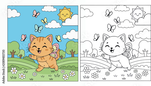Obraz na plátně Cute Happy Orange Tabby Cat Fairy with Wings Running in a Sunny Meadow