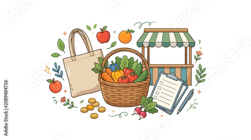 Farmers market shopping illustration with produce and tote bag
