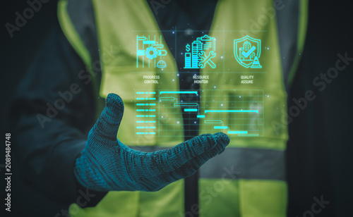 Schilderij op canvas Construction project control concept worker presenting tablet digital hologram p
