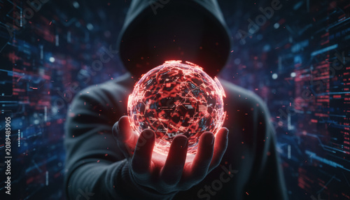 Mysterious figure hood dark hand glowing orb red digital energy cyber shadow, holding corrupted sphere amid abstract data stream, ominous mood and futuristic threat