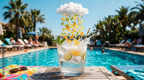 Refreshing Citrus Cocktail with Falling Fruit Slices Under a Small Rain Cloud by a Sunny Swimming Pool
