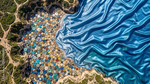 Vast blue fabric unfolds like a wave over a beach filled with colorful umbrellas and lush greenery