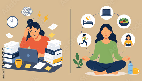 Balanced Life Vector Comparison Illustration for Coaching Presentation and Social Media