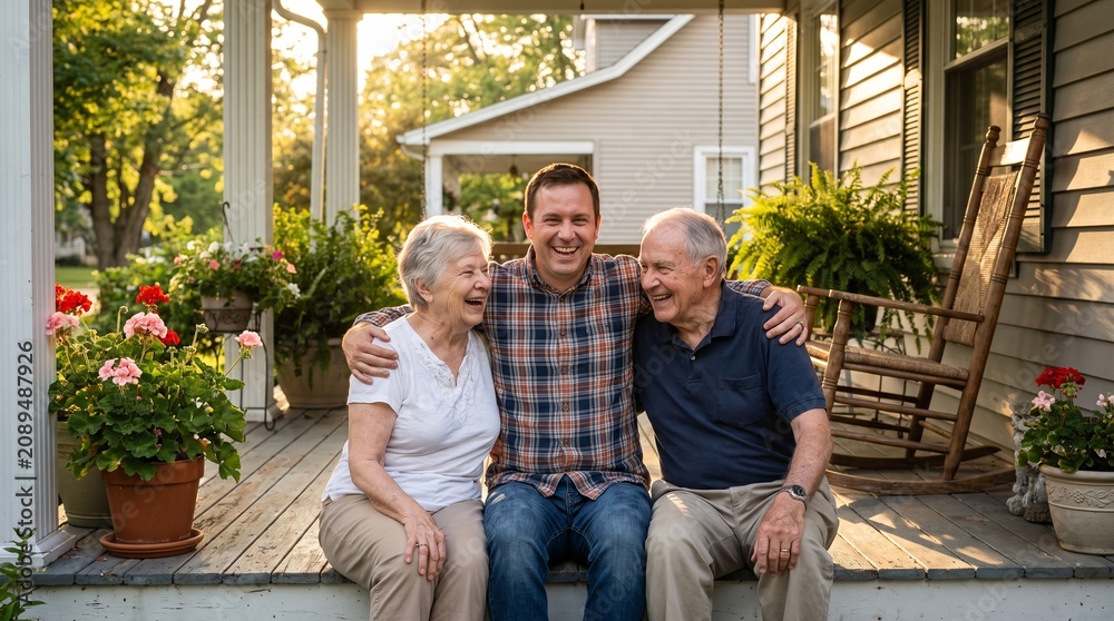 Fototapeta premium Three generations of a happy family sit together on a porch.