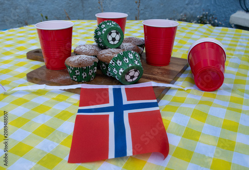 Norway, Norwegian, Football, Soccer, Party, Celebration, Fans, Supporters, Matchday, Bunting, Cakes, Tournament, Championship, TeamSpirit, NationalPride, Red, White, Blue, Decorations, Gathering, Fami
