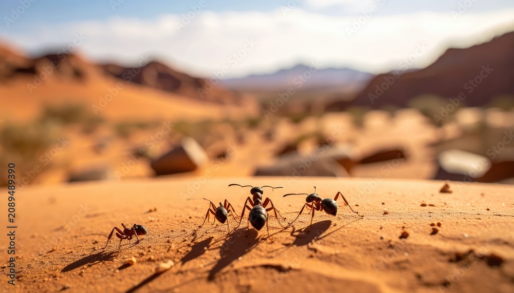 Obraz premium Determined Ants Marching in Columns Across a Sun-Baked Desert Floor Under Low Angle Sunlight