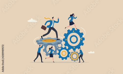Fotografía Teamwork business, partnership concept, businessman and woman running on cogwhee