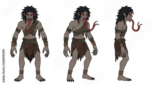 Flat vector character design turnaround sheet of a creepy feral ghoul demon with red eyes and a long tongue, perfect for Halloween concept art