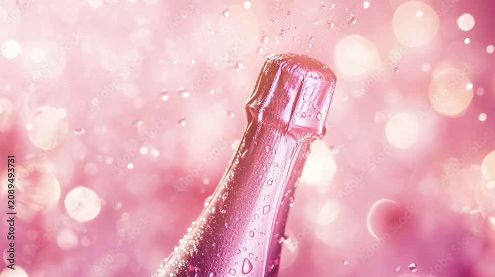 Fototapeta premium Pink Champagne Bottle with Bubbles on Sparkling Background