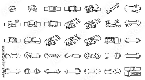 Collection of various ratchet tie down straps and metal buckle fasteners in black and white line art vector style for industrial cargo securement and logistics equipment design and labeling purposes