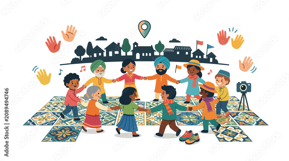 Fototapeta premium Diverse people holding hands in a circle illustration