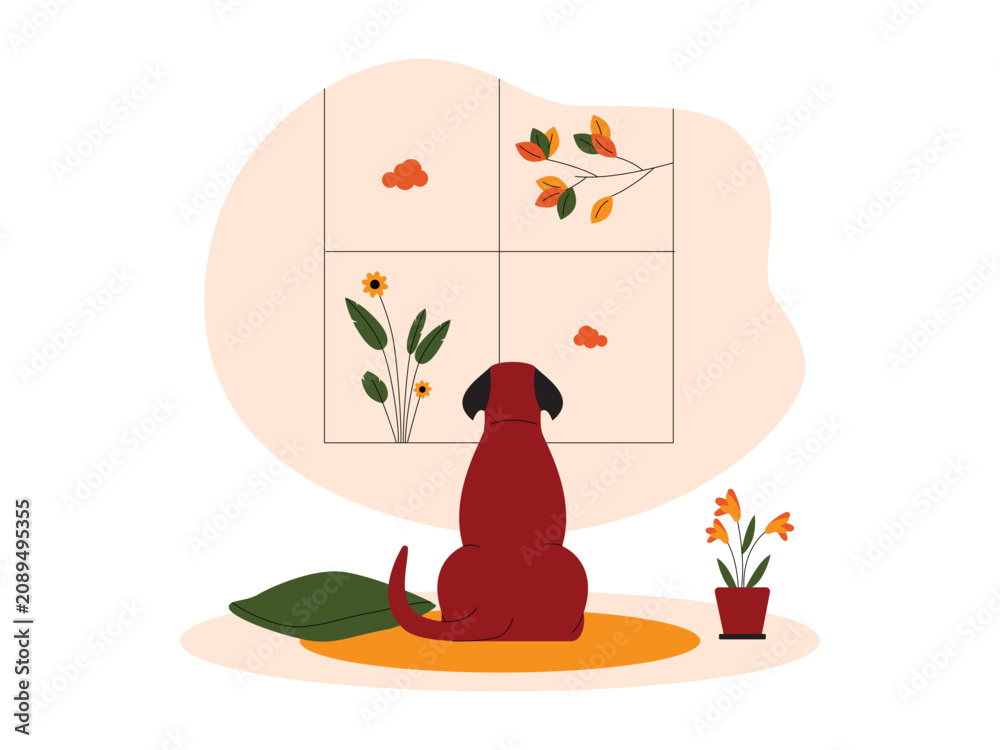 Naklejka premium A dog seen from behind sitting on a rug and looking out a large window at branches and plants.