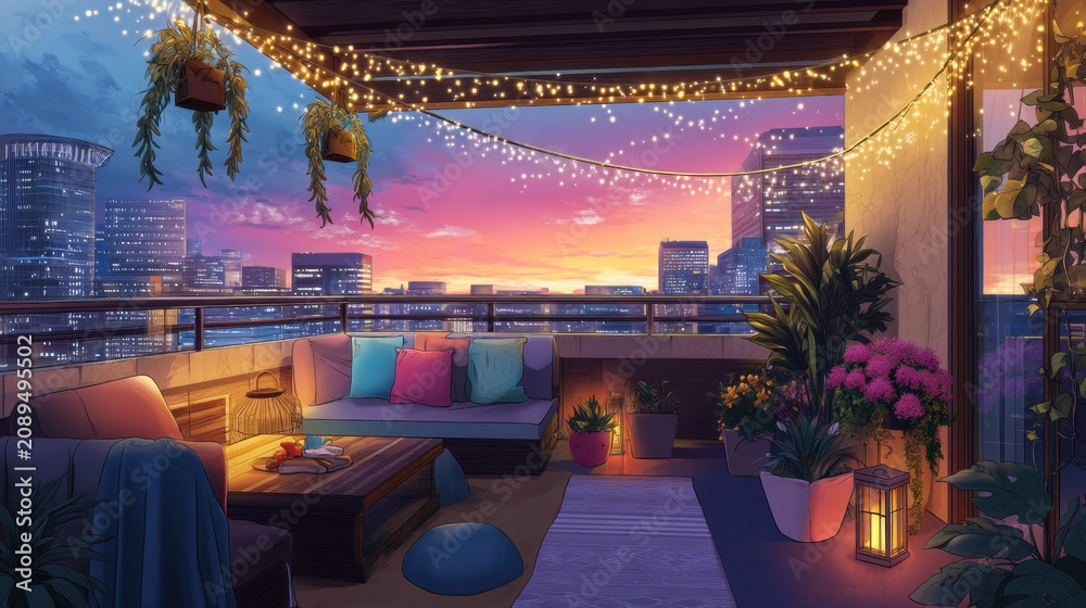 Fototapeta premium Cozy balcony with evening city skyline view at sunset. Outdoor lounge area decorated with string light and potted plant. Comfortable urban terrace for relaxation and romantic mood.
