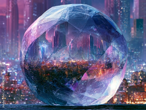 Neon city built inside giant crystal sphere, surreal futuristic architecture, cinematic lighting, ultra detailed sci-fi art.