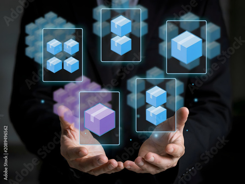 Businessman presenting virtual 3d cubes and blocks for technology and innovation concept