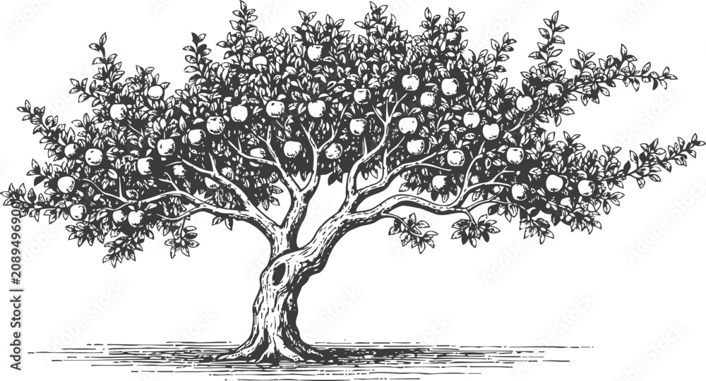 Obraz premium Vintage engraving of apple tree with ripe fruit, detailed botanical illustration