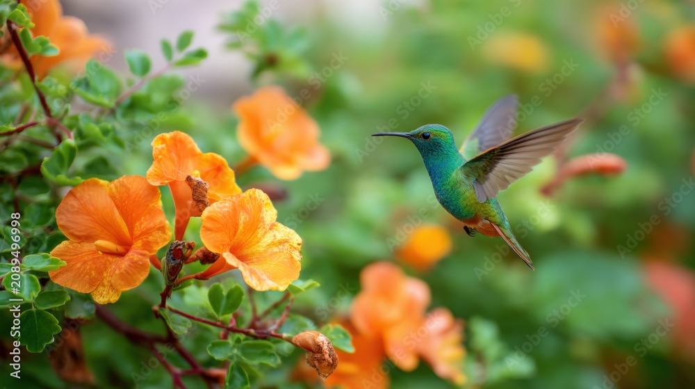 Fototapeta premium Hummingbird hovering near bright orange flowers in a lush garden. Small tropical bird flying to collect nectar from blossom. Wildlife, nature conservation and biodiversity concept.