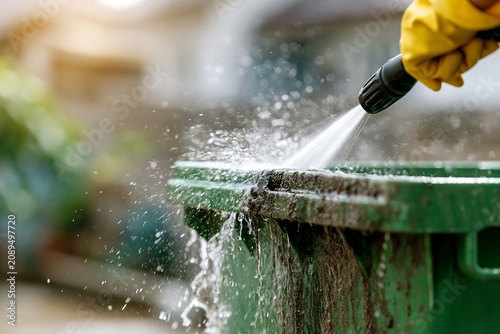 High pressure water cleaning a dirty household garbage bin to improve sanitation, reduce bacteria and maintain hygienic waste collection conditions