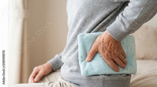 Elderly person holding a heating pad against lower back. Senior patient using warm compress for back pain relief