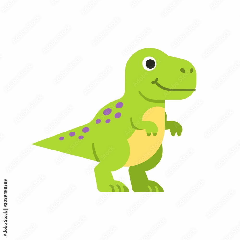 Fototapeta premium Green dinosaur standing cartoon character with purple spots flat