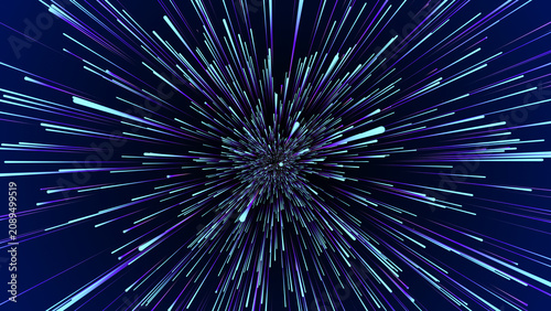 Futuristic hyperspace star travel. Abstract light ray on the speed. Explosion in universe. Movements galaxy in infinity. Warp jump background. Hyperspeed firework. Perspective lines. 3D rendering.