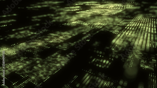 Abstract digital cyberspace with moving particles. Cyber security database. Matrix technology decoder. Futuristic hi-tech background with dots. High speed big data. 3D rendering.