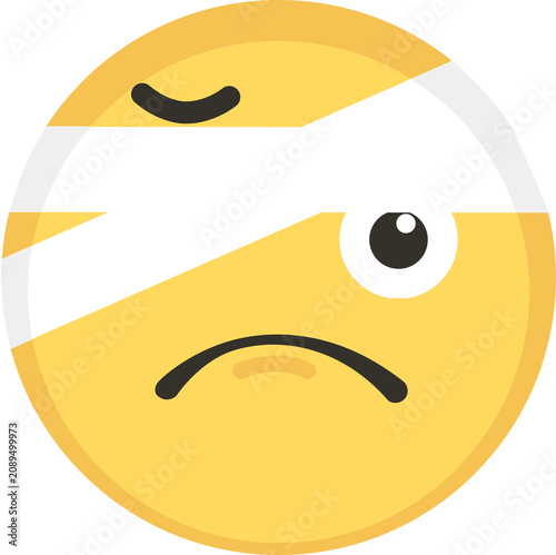 Yellow face with bandage over eye expresses pain, misfortune, accident, or recovery from injury.
