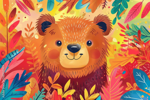 Bright Bear Image, Cheerful Bear Framed By Vivid Greenery Emphasizing Protective And Friendly Presence