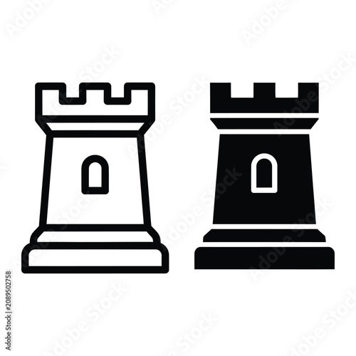 Twin Castle Towers Illustration with Battlements and Windows in Minimalist Line Art Style