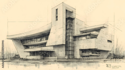 Crisp Hand-Drawn Building Design Glass Steel Structure