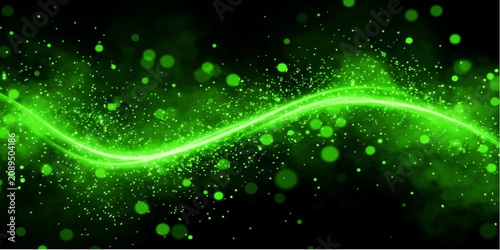 Fotografie Abstract vibrant green energy wave with glowing particles and bokeh on a dark background, suggesting dynamism and technological advancement